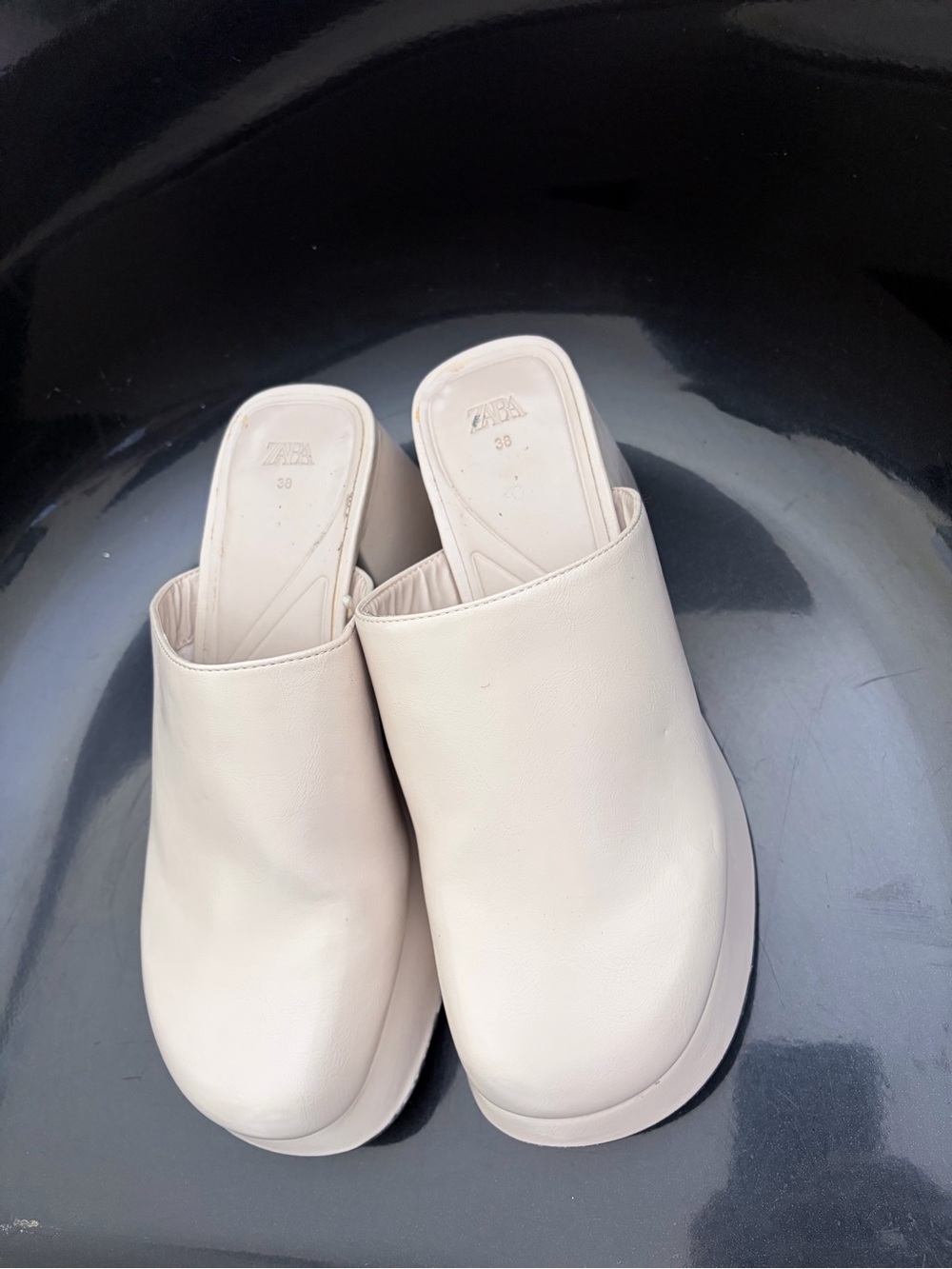 Zara Light Cream Leather Mule Slides - Neutral Slip-On